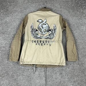 Jack & Jill Jacket Womens Small Khaki Military Field Anorak Back Skull Graphic